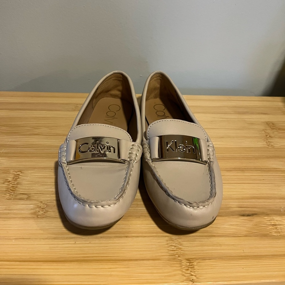 Calvin Klein Tan Leather Slip-On Loafers with Logo Plate